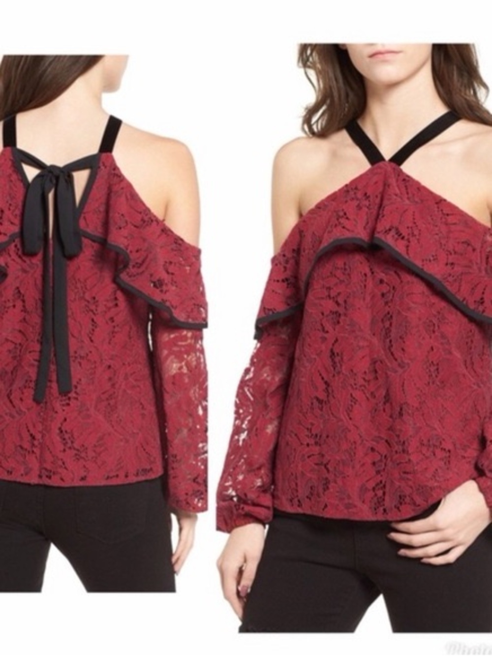 Wayf Burgundy Lace Cold-Shoulder Ruffle Top with Black Straps